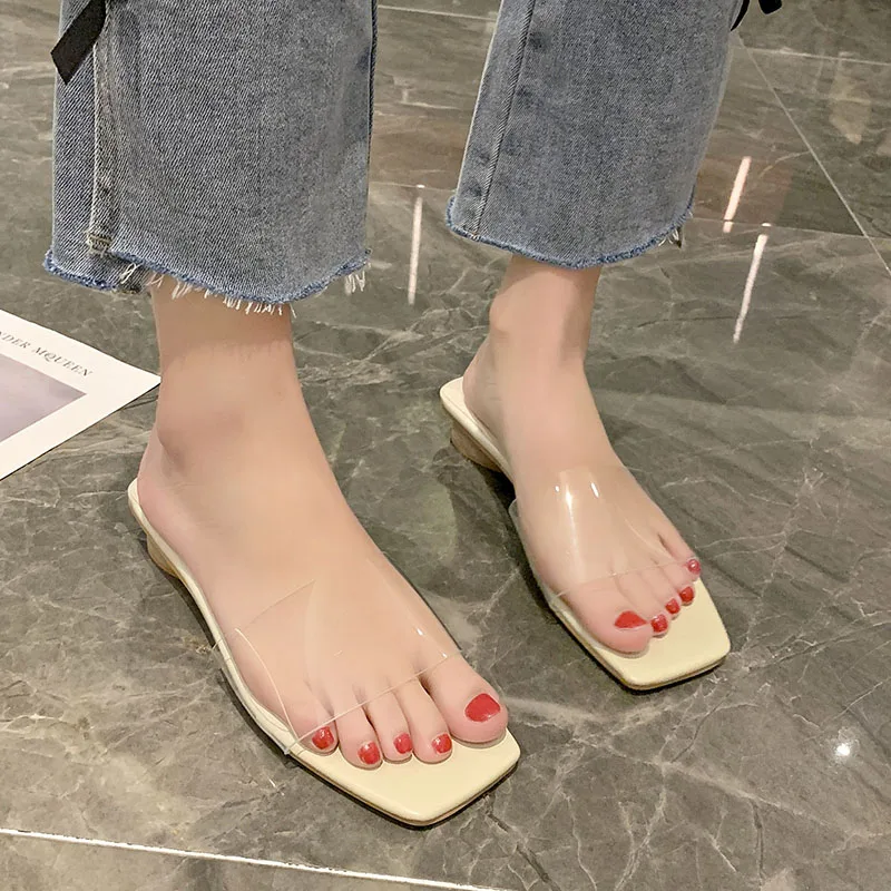 

Female Shoes Slippers Soft Luxury Slides Med Transparent Heel Square heel 2021 Comfort Designer Summer Block PU Rubber Rome