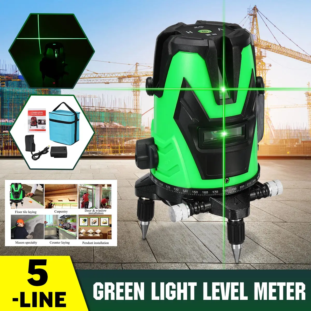 

ZEAST Powerful Green Light Laser Level 5 Lines Automatic Self Leveling 360 Vertical Horizontal Tilt Cross Line w/Outdoor Mode