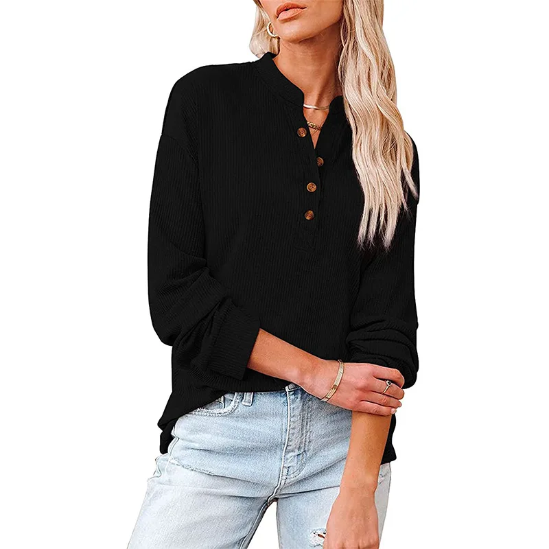 

Solid Color Oversized T Shirt For Woman Autumn Winter Long Sleeve Tops Simple Fashion Loose Casual Wear V Neck Button Up Tees