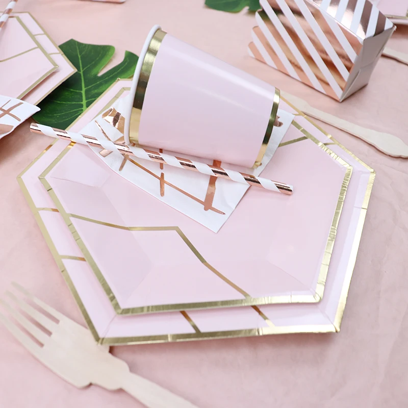 Одноразовая посуда в полоску из розового золота тарелки для дня рождения