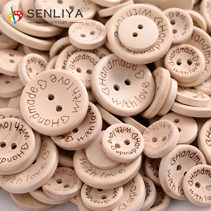 

Hot 15mm20mm25mm 2Holes Natural Color Wooden ButtonsHandmade With LoveTags30-100Pcs Wood Sewing Accessories For Craft DIY Mixed