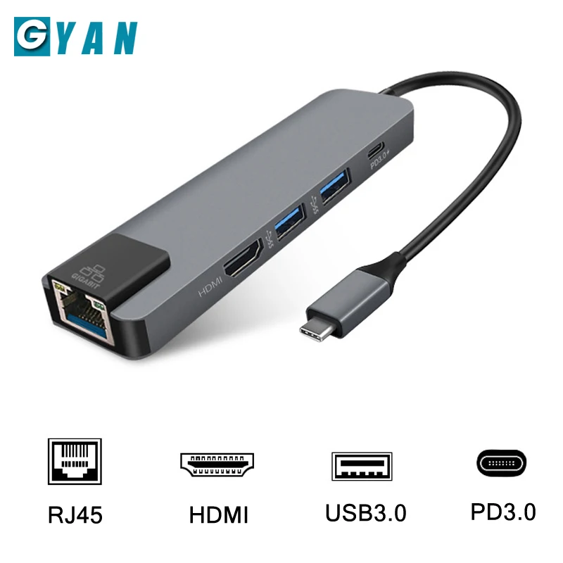 5 в 1 USB C концентратор Hdmi 4 к USB C концентратор для Gigabit Ethernet Rj45 Lan адаптер для Mac book Pro Thunderbolt 3 type c док-станция