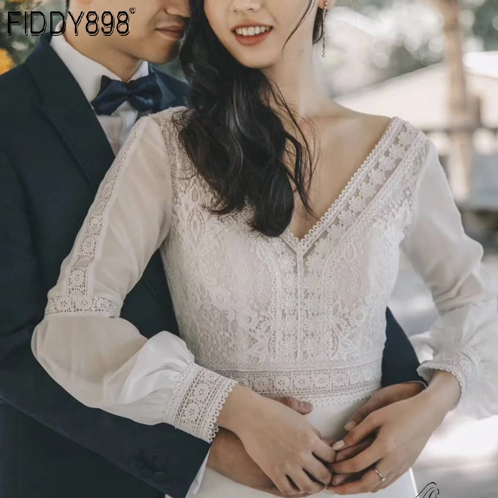 Женское свадебное платье с длинным рукавом пляжное со съемным шлейфом в богемном