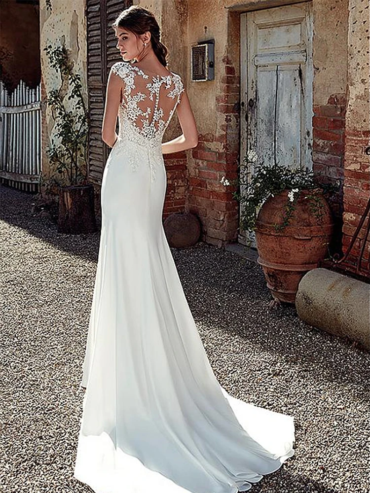 

Hi Shy Bride New simple wedding dress backless sleeveless design chiffon lace bride dresses princess dress plus size tailor-made