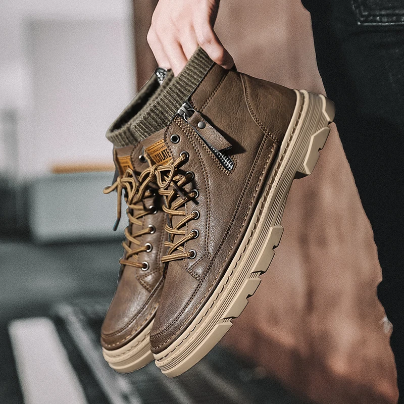 

2021 Trendy Autumn Winter Male Thick Bottom Martin Boots Side Zipper Trendy Wear Resitant Boots Outdoors Walking Boots Mens