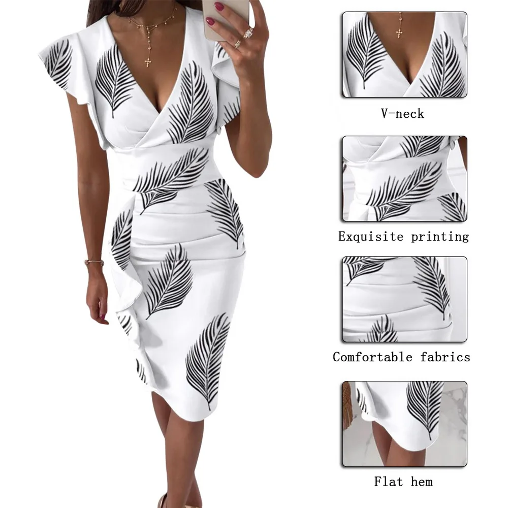 

Sexy V-Neck Slim Office Lady Dress Ruffle Short Sleeve Bodycon Knee-length Dresses For Women 2021 Casual Summer Woman Work Dress