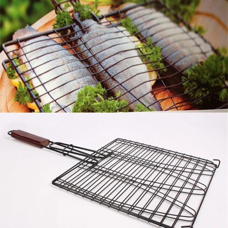 

Non-stick Triple Fish Grilling Basket Grilled Fish Tongs Wood Handle Outdoor BBQ Grilling Fish Rack Barbecue Tool Fish Grill Net