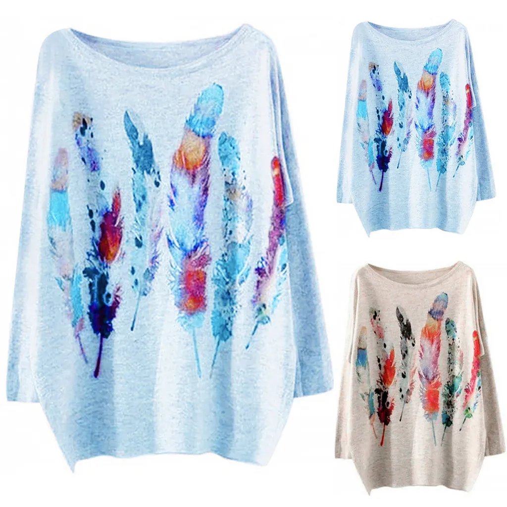 Модная женская блузка с О образным вырезом и длинными рукавами принтом перьев