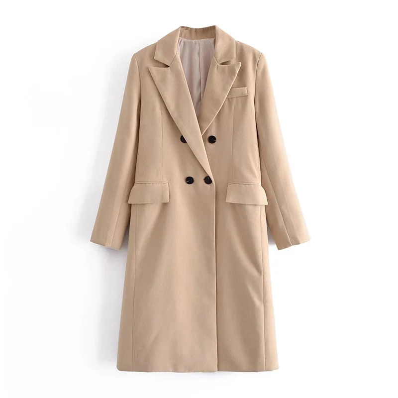 

ZXQJ Women Khaki Woolen Coat 2021 Autumn Fashion Ladies Double Breasted Slim Long Jacket Female Solid Street Pocket Outerwear