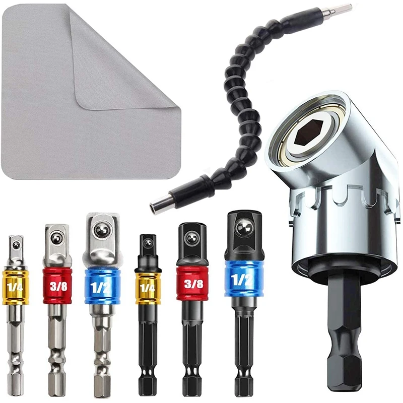 

Drill Bit Set,6Pcs 1/4 3/8 1/2inch Hex Shank Nut 105 Degree Right Angle Screwdriver Attachment,Flexible Shaft Extension