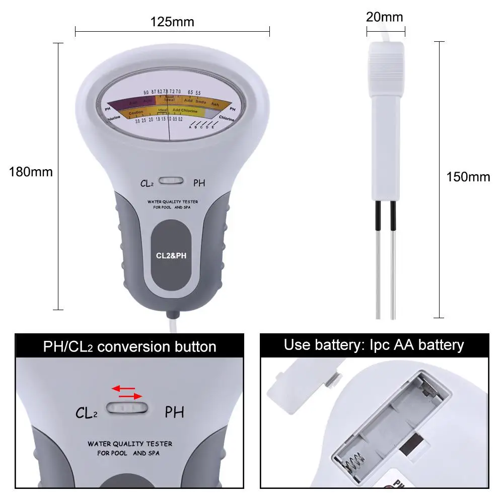 2 в 1 PH ChlorineTester аксессуары для бассейна (Портативный цифровой рН Cl2 электро-тестер