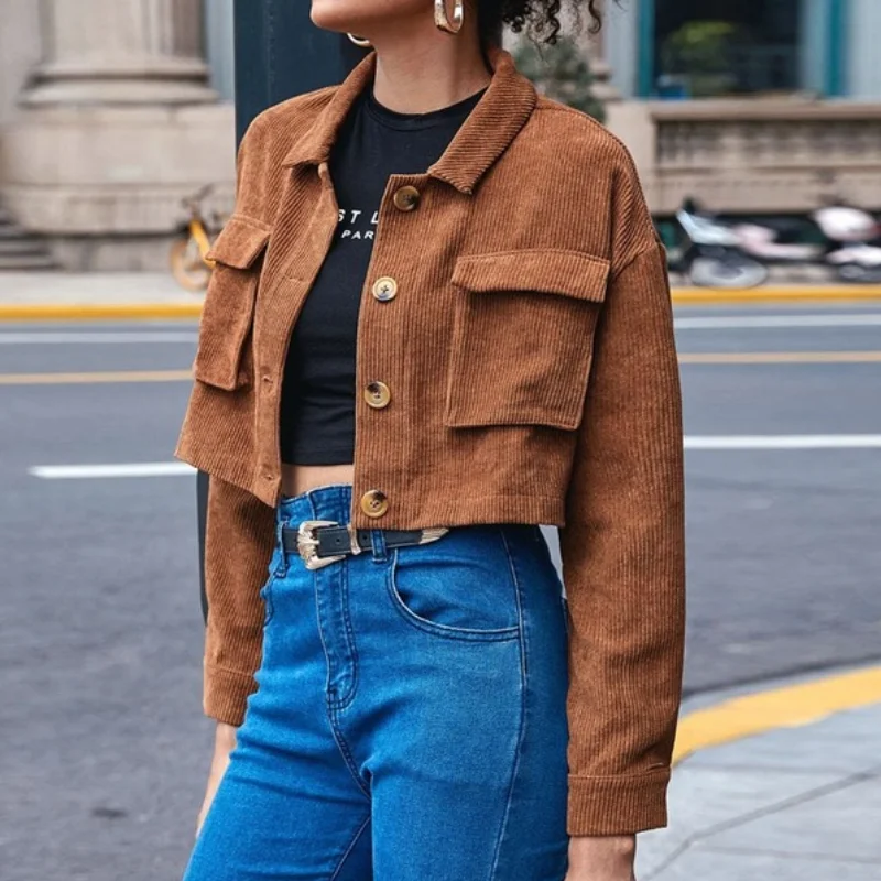 

Women's Winter Jacket 2021 Solid Casual Single Breasted Organ Bag Lapel Corduroy Long Sleeve Denim Jacket Women куртка женская