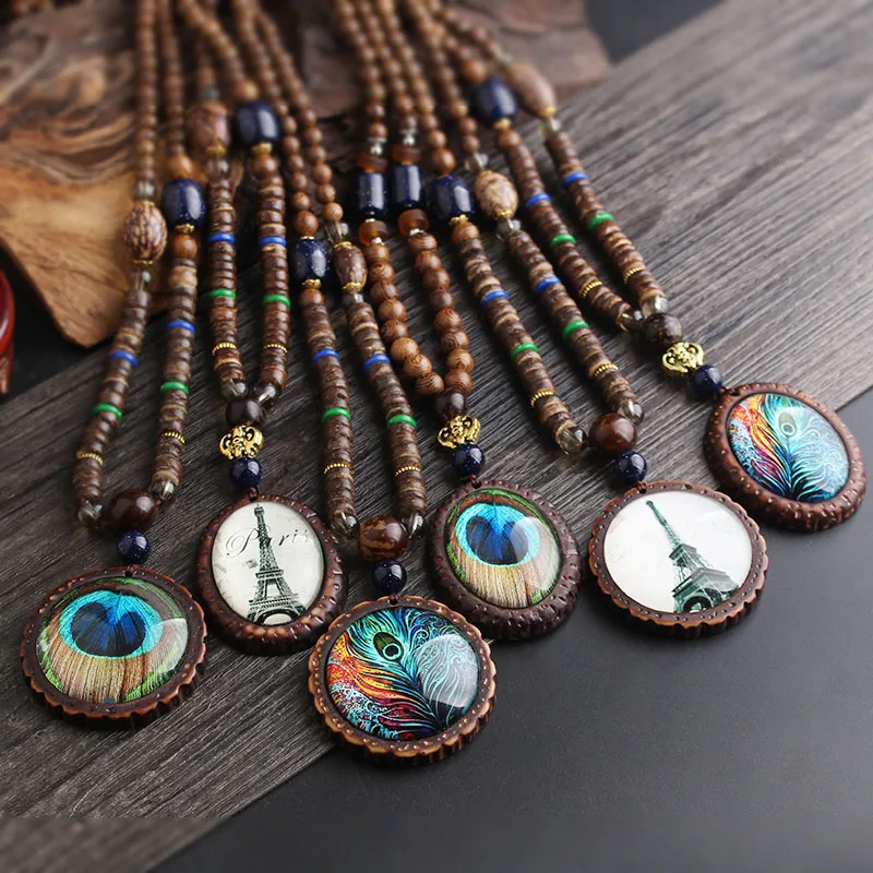 Retro Peacock Feather Ethnic Necklace Nepal Handmade Wood Beads Long Sweater Chain Jewelry | Украшения и аксессуары