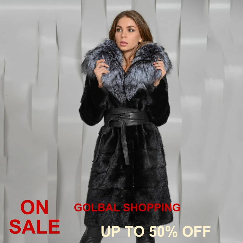 Женская шуба из натурального меха норки с воротником серебристого лисьего