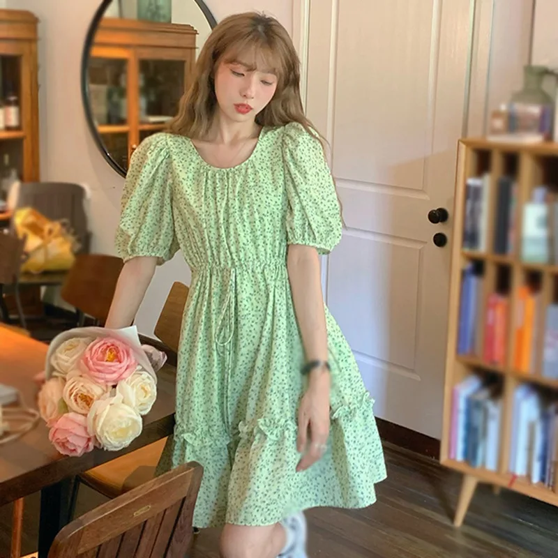 

Women Dresses Summer Vintage Elegant Puff Sleeve Flower Print Beach Dress Ruffle Short Sleeve Sundress Robe Korean Style