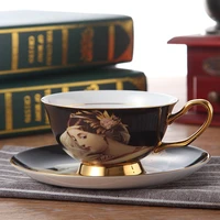 cute ceramic tea cafe coffee cup saucer printing western oil painting personalized factory with gold handle logo teacup