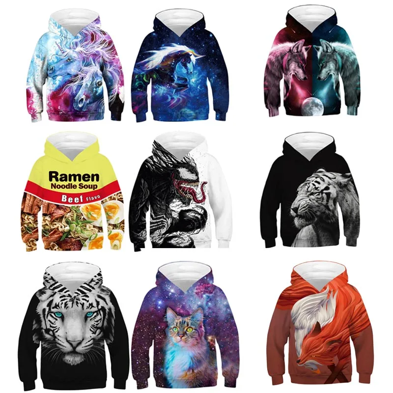 Kids Hoodies Teen Girls Boys Clothes Wolf Fox Lion King 3D Animal Digital Print Children Sweatshirt Long Sleeve Hooded Girl Tops