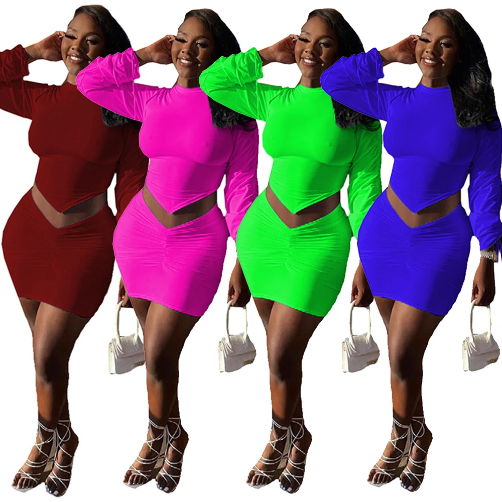 

Women's Fashion Two Piece Sets Solid Color Slim Round Collar Stretch Sexy Irregular Plus Size Skirt Suits Wholesale Dropshipping