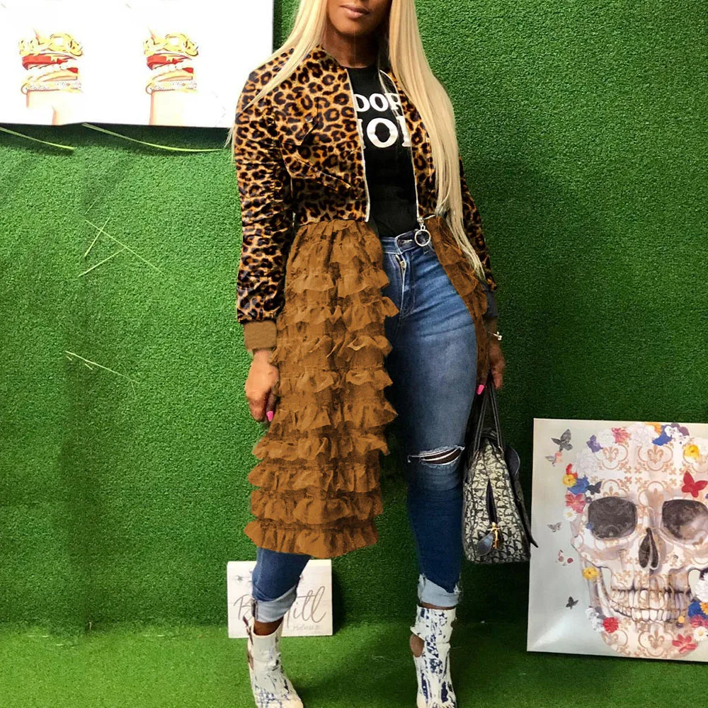 Леопардовая куртка Женская Лоскутная Сетка плиссированный Дизайн Весна 2020