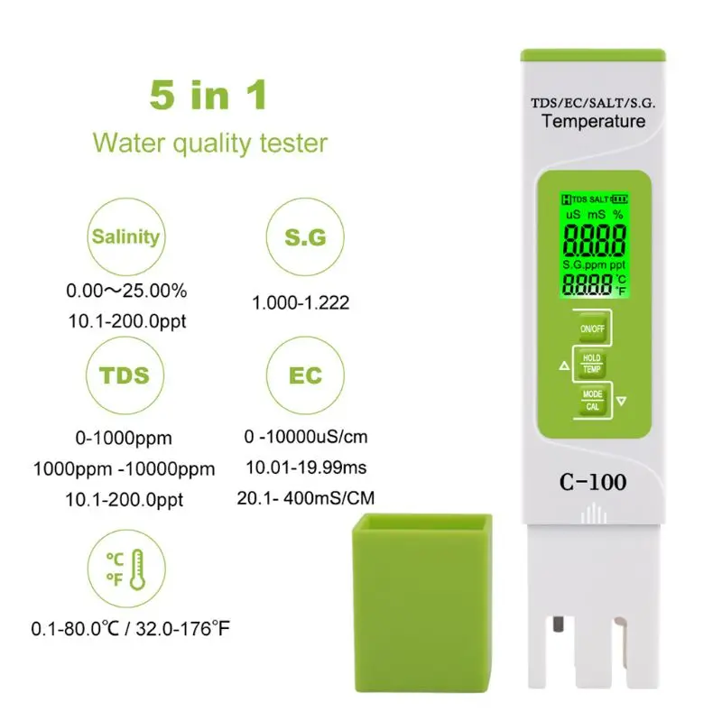 

PH Tester 425D 5 in 1 Water Quality Tester TDS/EC/Salinity/S.G./Temperature Meter for Home,Pool Tools Aquarium PH Analysis