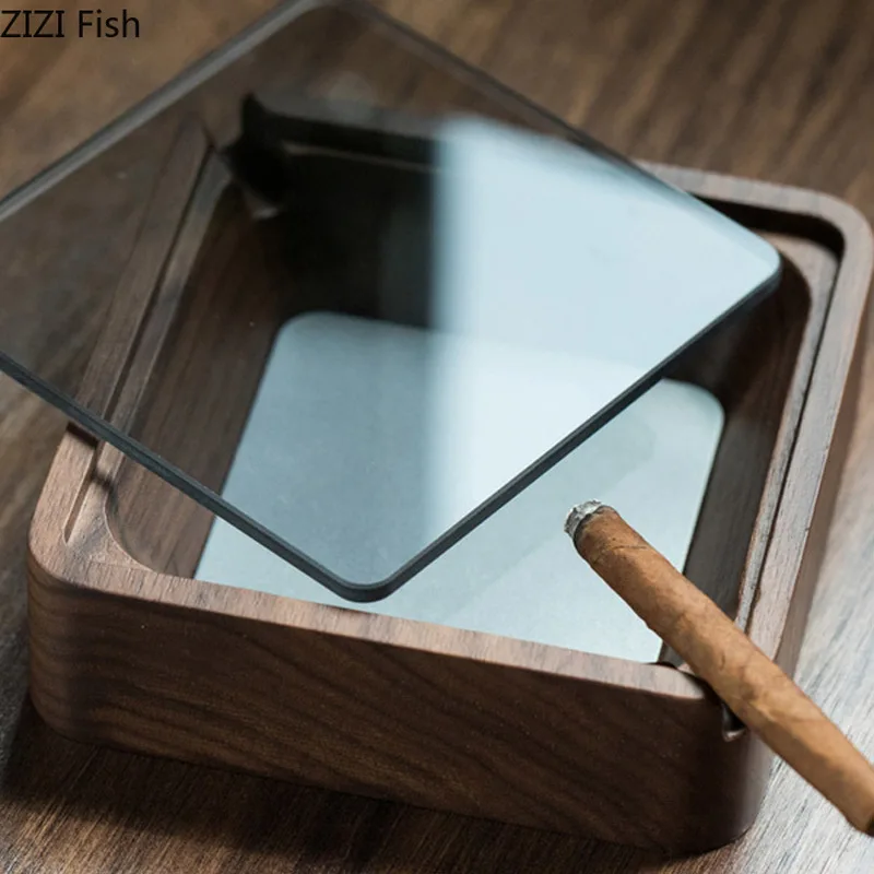 Пепельница из массива ореха черная ветрозащитная с двумя слотами и крышкой