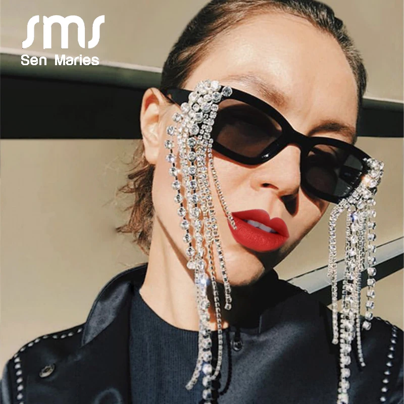 

Vintage Tassel Rhinestones Sunglasses Women 2021 New Luxulry Brand Steampunk Sun Glasses Unique Diamond Eyeglasses Oculos UV400