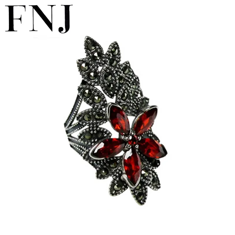 

FNJ 925 Silver Ring Red Zircon Statement New MARCASITE Original S925 Sterling Silver Rings for Women Jewelry Adjustable Size
