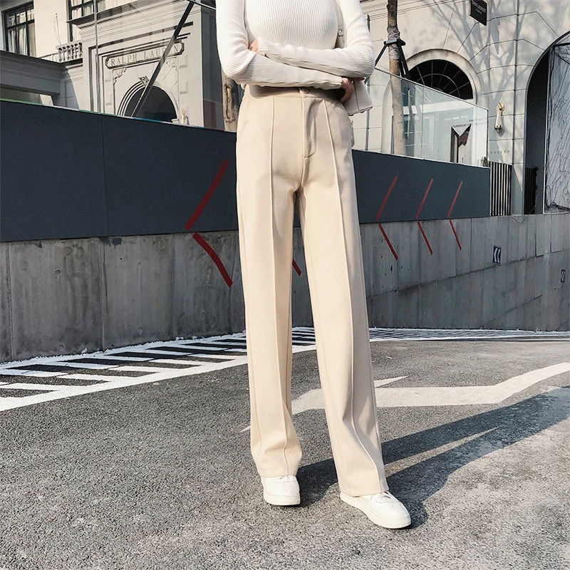 

2020 new wide leg pants women's autumn and winter new high waist straight wool pants versatile loose casual mopping trousers