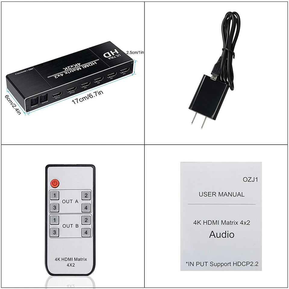 2020 4K HDMI матрица 4x2 Переключатель сплиттер с EDID и ИК-пультом дистанционного