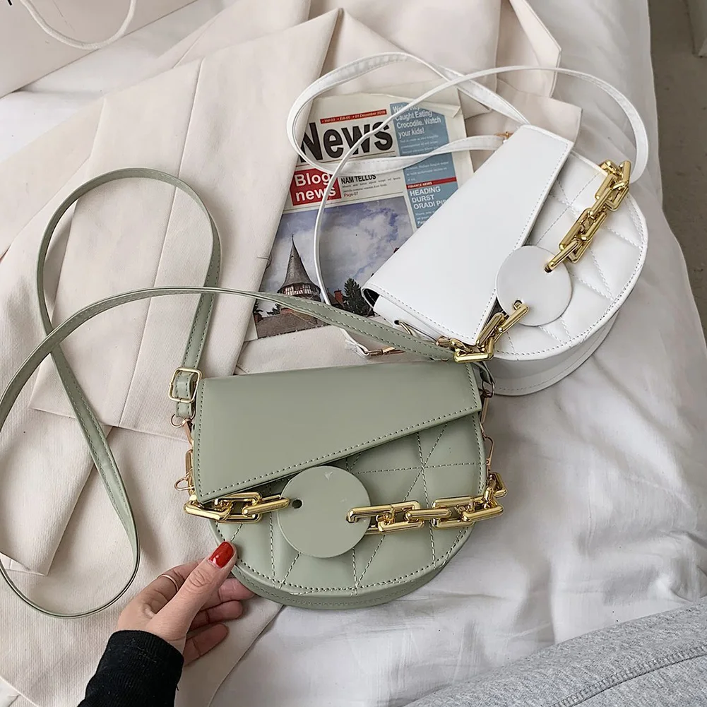 

Vintage Pure Color Shoulder Crossbody Bags Women PU Leather Messenger Saddle Bag Casual Ladies Thick Chain Small Handbags