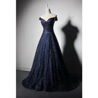 elegant navy blue evening dress strapless lace up back shining tulle prom gowns