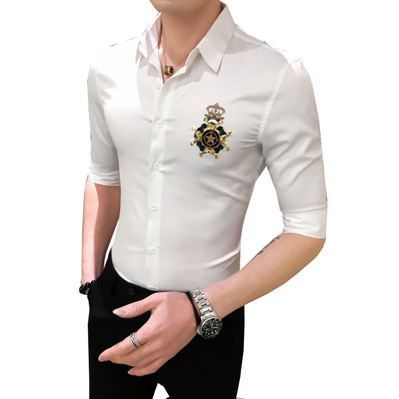 

Shirt Spring Mens Golden Embroidery Short Sleeve Slim Fit Dress Shirts for Men Casual Streetwear Social Blusa Camisa Masculina