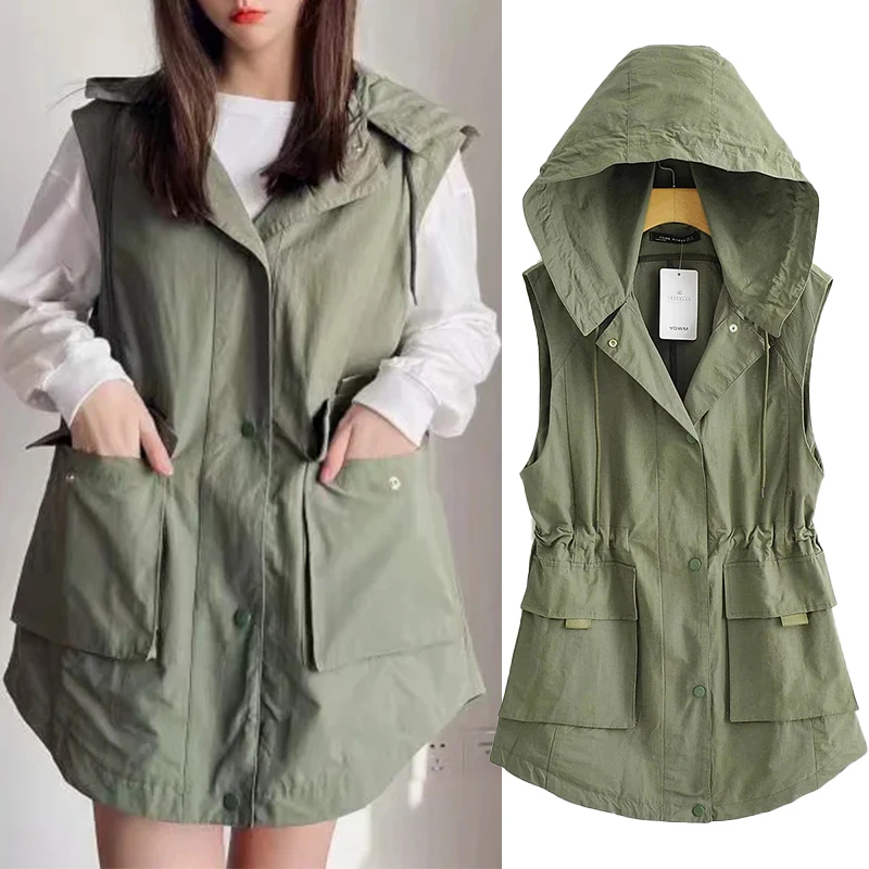 

Women's Jacket 2021 Summer Autumn Thin Casual Loose Sleeveless Hooded Breasted Vest Fashion Tooling Long Section Waistcoat