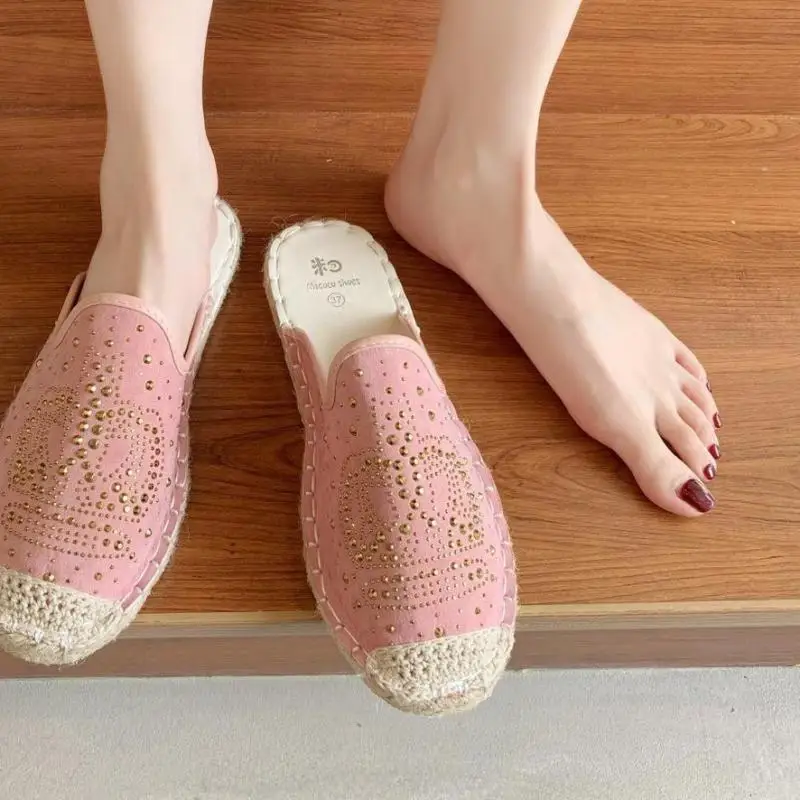 2021 Crystals Shoes Women Half Slippers Summer Pink Flat Heel Ventilation Hemp Round ToeMules Plus Big Size 41 42