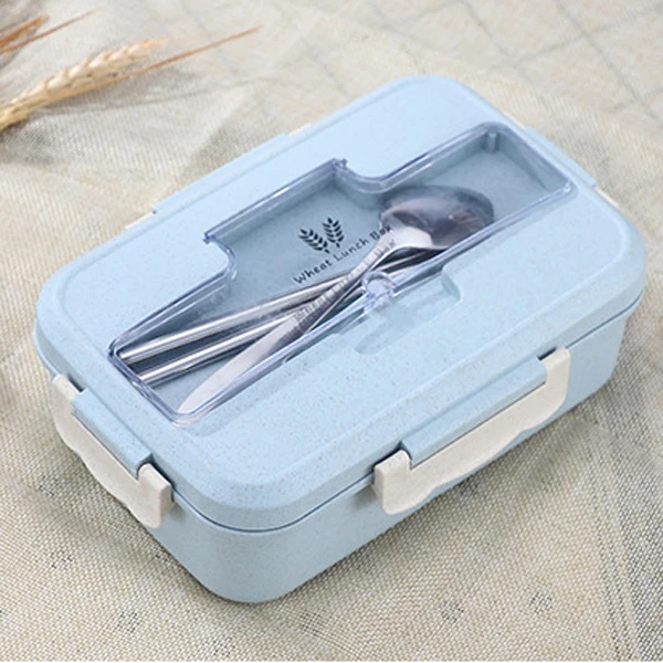 Blue Пшеничная солома Bento Box для взрослых Детский пищевой контейнер Ланч-бокс термо-бокс герметичный Lancheira отсек для духовки переносной - Цвет: Blue