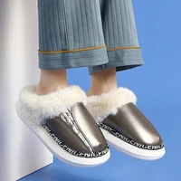 winter women furry cotton slippers pu soft plush slides female warm platform shoes couples man bedroom home waterproof slippers