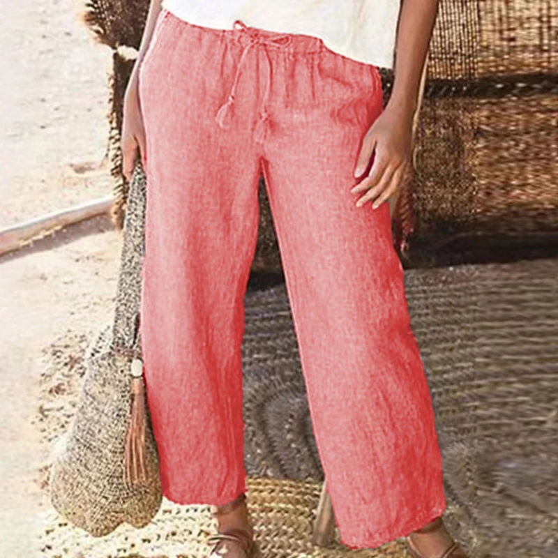 

Solid Straight Leg Halter Elastic Strap Pants Women Cotton Linen Drawstring Loose Summer New Women's Fashion Wide Leg Trousers