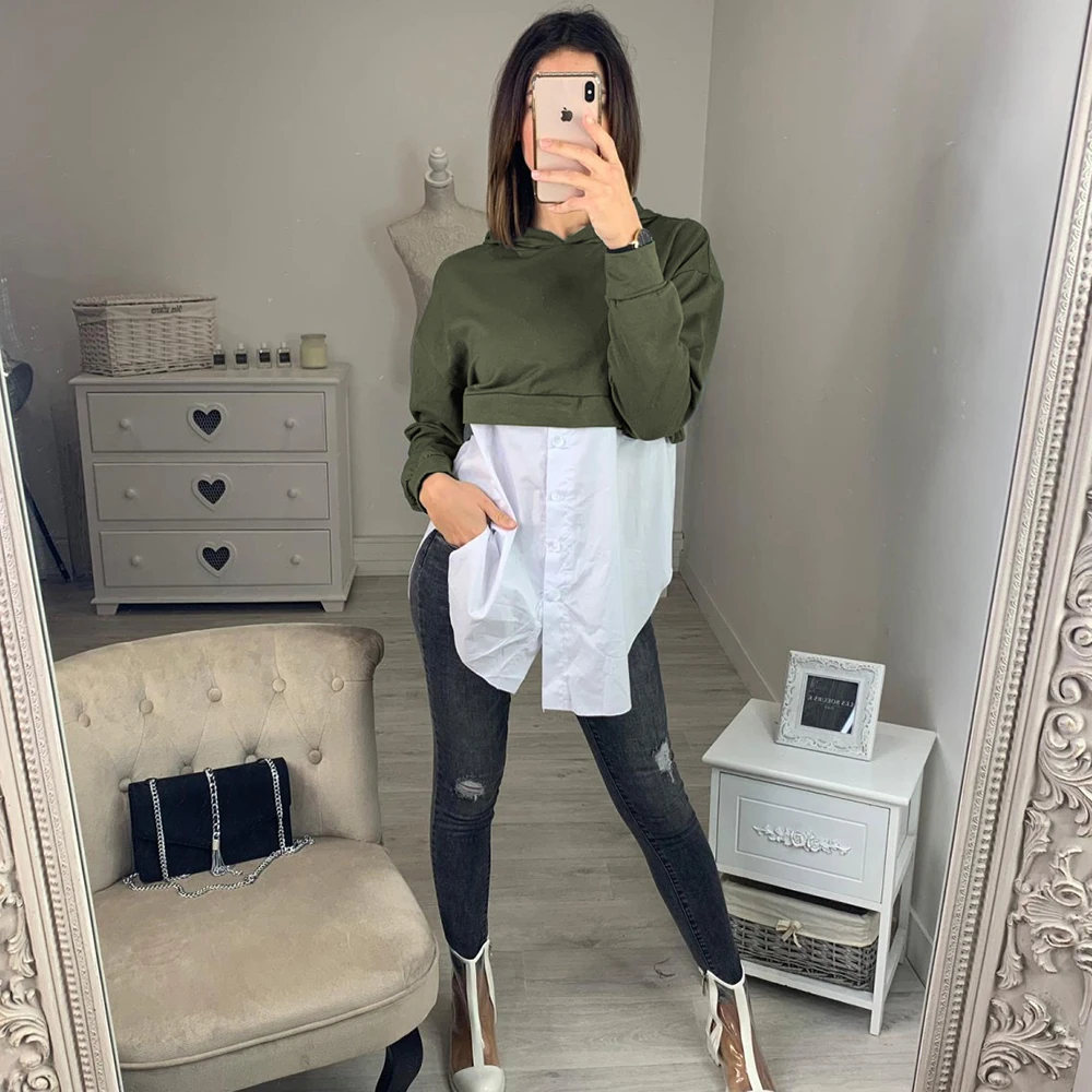 Fashion Long Sleeve Patchwork Sweatshirt Women 2021 Autumn Red Casual Hoodies Shirt Blackpink Tops Femme Sweatshirts Sweetshirts