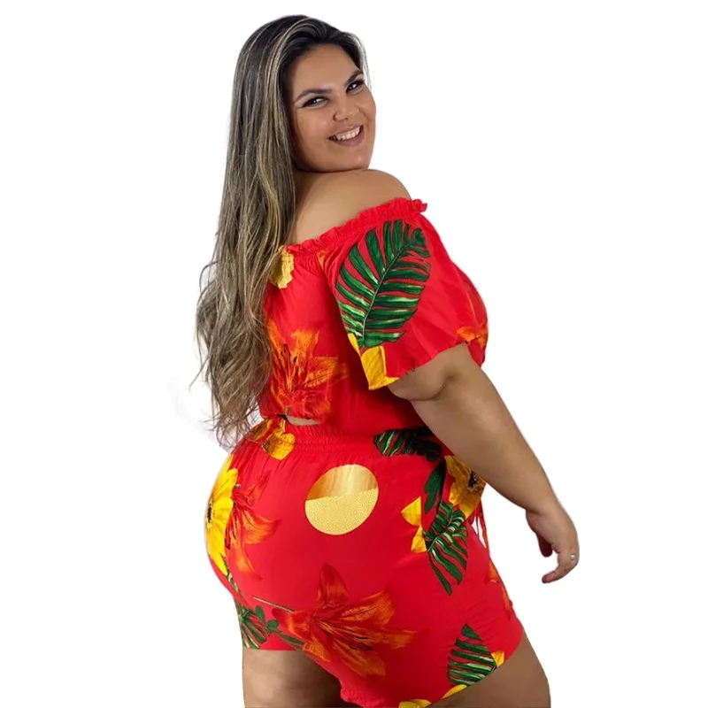 

Summer Two Pieces Florals Printed Shorts Sets Women Plus Size Sexy Slash Neck Short Sleeves Top Shorts Party Club Outfits