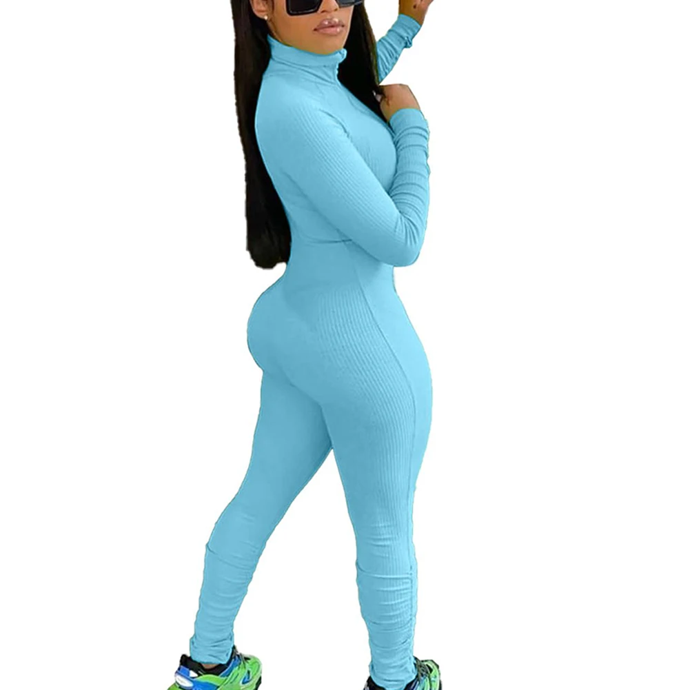 

Casual Women Ribbed Jumpsuits Zippers Skinny High Elasticity Bodysuit Raised Lines Pattern Jumpsuit TC21