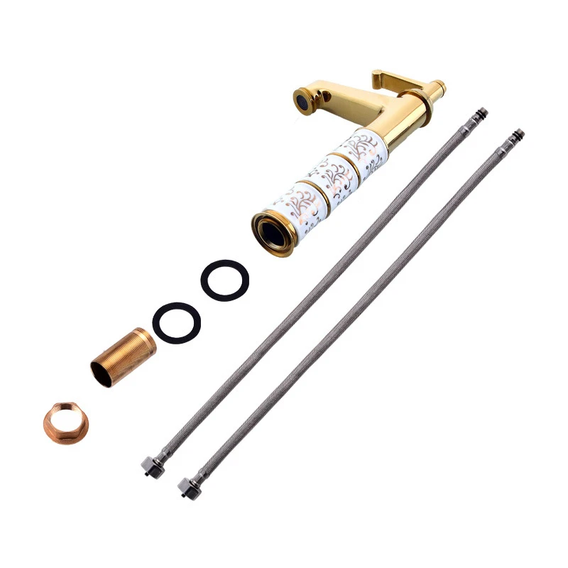 

Bathroom Basin Faucet Brass Ceramic Deck Mount Hot And Cold Water Mixer Single Handle Single Hole Golden Faucet TS006