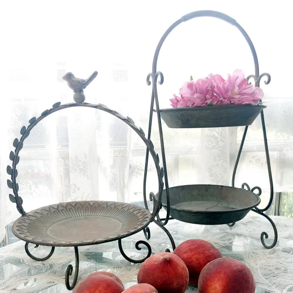 

1Pc Double Layers Snack Plate Tabletop Iron Art Tray Fruit Dish (Dark Green)