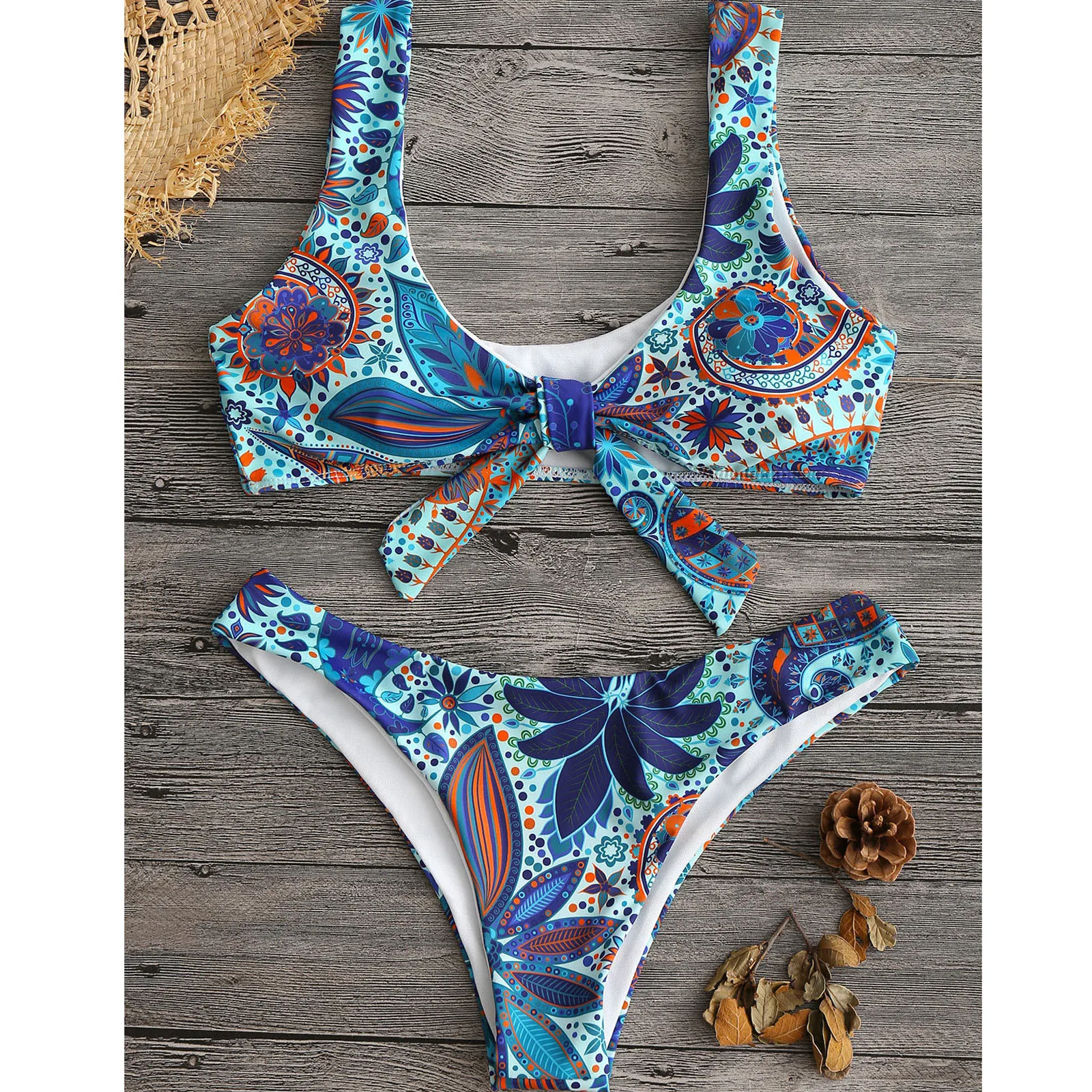 

Women's Solid Color Two Piece Exotic Print Bowknot Sexy Buckle Design Bikini Padded Bra Straps High Waist Swimsuit