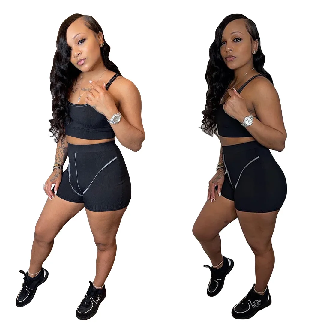 

RStylish Sexy Women Tracksuits 2021 Sportwear Summer Clothes Solid Color Sleeveless Crop Top Biker Shorts Skinny Two Piece Sets