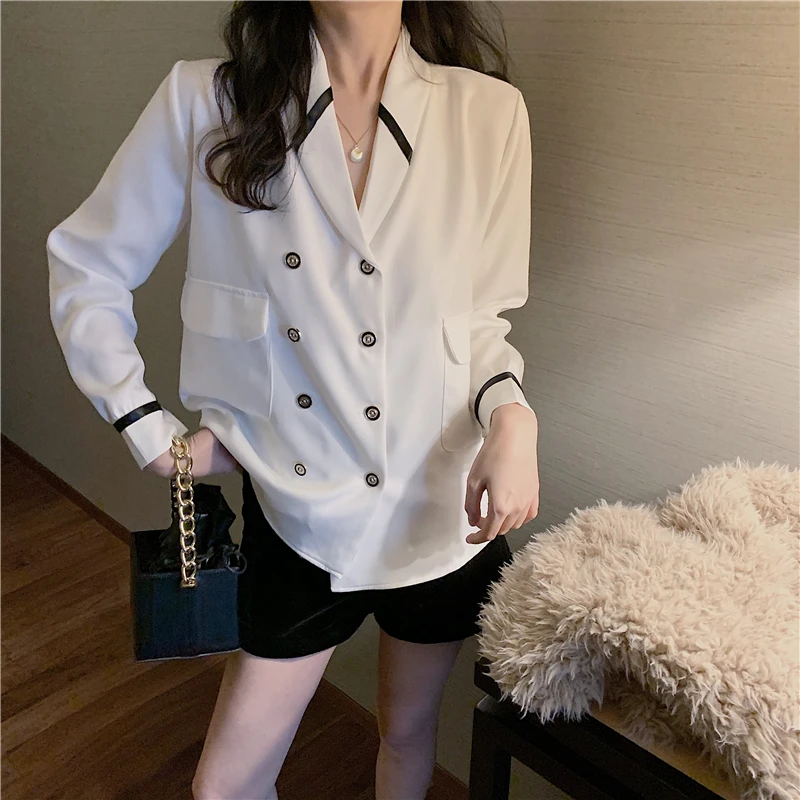 Белая Элегантная блузка GRUIICEEN женская рубашка с карманами двубортная длинным