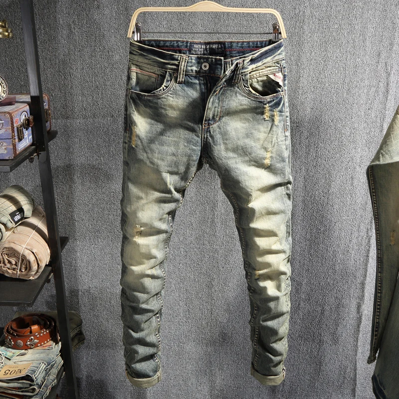 

Italian Style Fashion Men Jeans Retro Yellow Slim Fit Ripped Jeans Men Cotton Denim Pants High Quality Vintage Designer Jeans