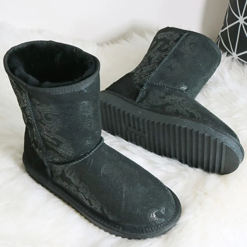 black Pteris G& Zaco/роскошные ботинки из натуральной овечьей кожи в австралийском стиле женские шерстяные зимние ботинки обувь на овечьем меху зимние классические ботинки до середины икры на плоской подошве - Цвет: black Pteris