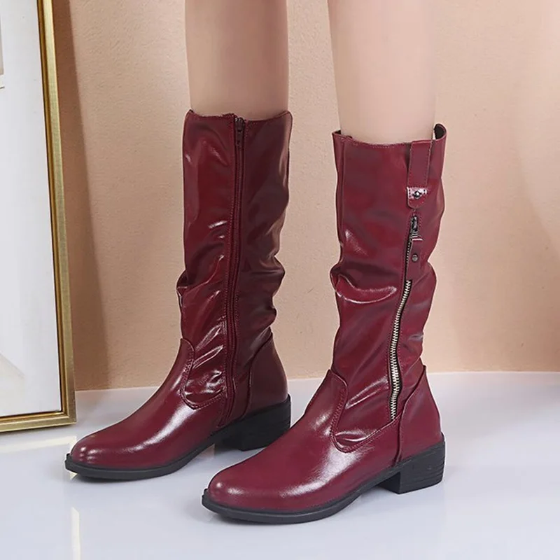 Женские сапоги до середины икры Плиссированные кожаные женские на низком