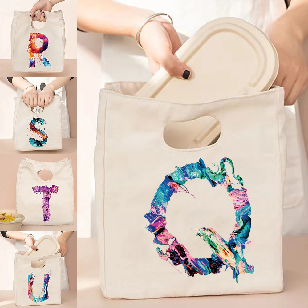 

Women Bag Canvas Tote Thermal Lunch Bag,Paint Print Portable Eco Shoulder Shopper Storage Bags, 2022 New Organizer Travel Bags