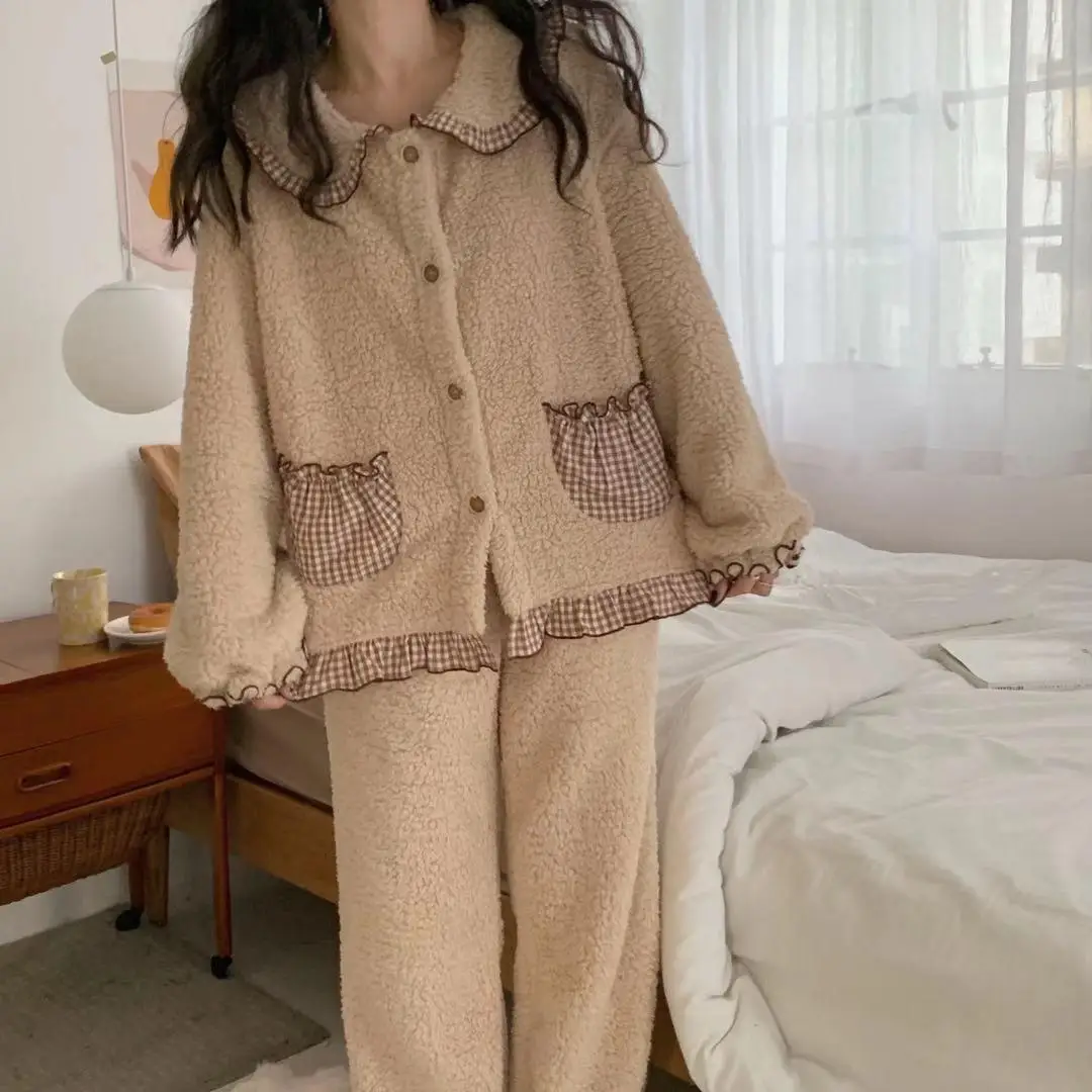 Autumn and Winter New Plaid Pajamas Women's Winter Thickening Can Wear Lovely Kawaii Long Sleeve Home Clothes Suit